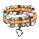 Grey seed, coconut wood & antique brass bracelet