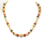 Red jasper, wood and antique brass beads necklace