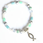 Selection of blue, silver grey and aqua coloured beads with fish symbol - BRSF20C