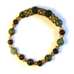 Antique brass feature highlighting moss agate and lava stone bracelet