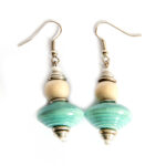 Hand crafted paper bead earrings. Aqua paper beads with cream dye washed wood.