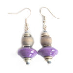 Handcrafted paper bead earring with dye washed wood. Purple and dye washed brown.