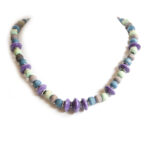 Paper beaded necklace with dye washed wood. Purple, blue, brown and aquamarine.